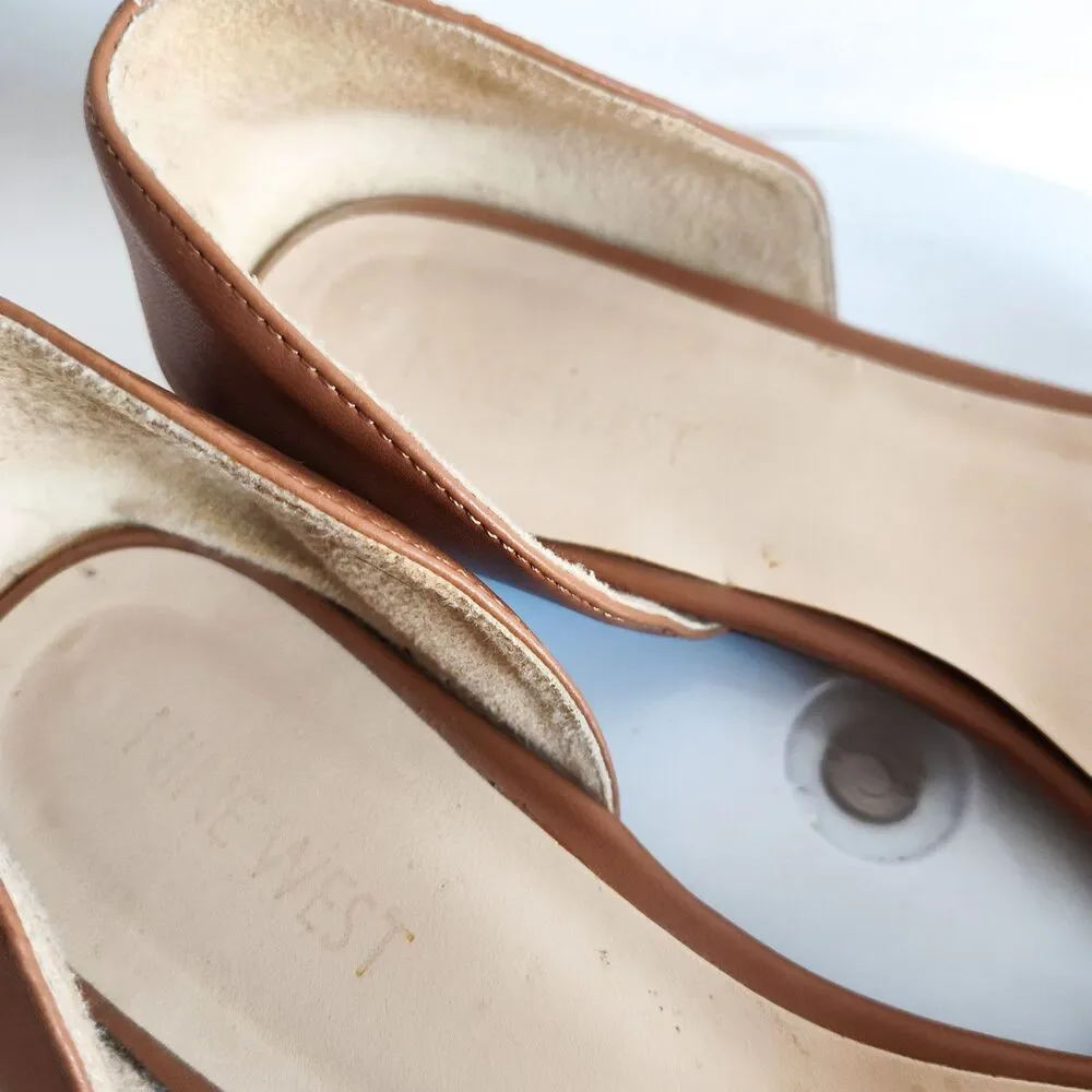 Nine West Tan Black Faux Leather Open Toe Slip On D'Orsay Flats Size 8M‎ Vegan